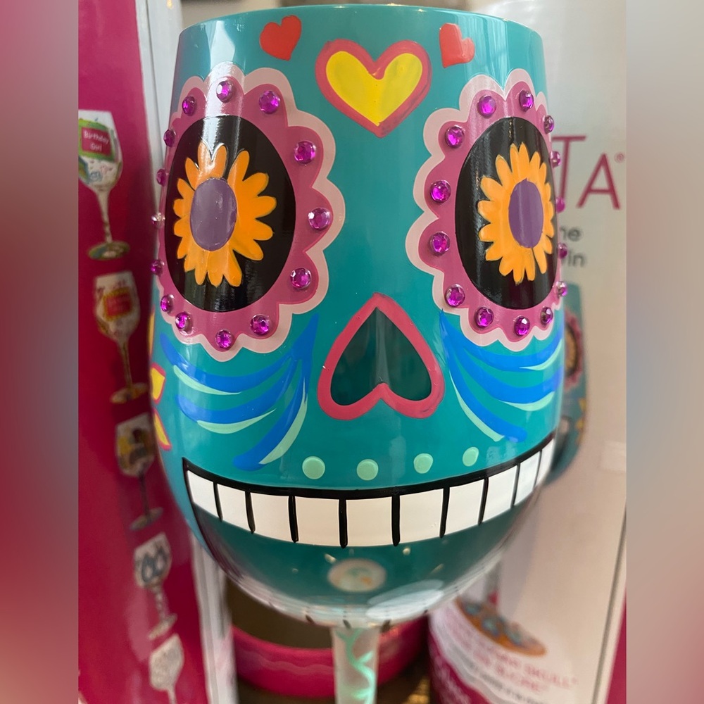 🌸”Calavera Sugar Skull” Hand Painted Wine Glass - Picture 3 of 15